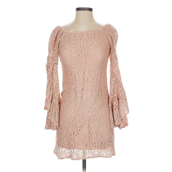 Jen’s Pirate Booty Pink French Lace Bell Sleeve Off Shoulder Mini Dress | Boho S - Picture 2 of 16